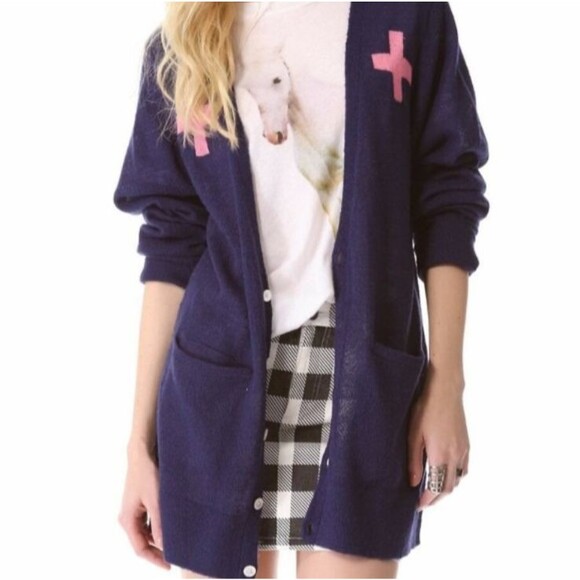 Wildfox Sweater White Label Cross Love Saves Cardigan Women's Size M Navy Pink - Picture 1 of 9